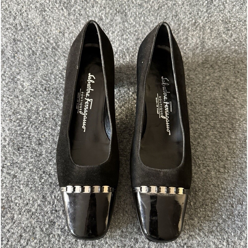 VTG Salvatore Ferragamo Black Suede Patent Leather Block Heel Pump 4B Narrow